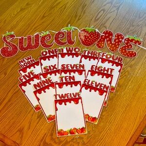 Sweet One Strawberry Themed Party Banner and Milestone Cards 🌺🍓